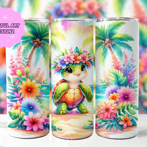 Cute Tropical Turtle 20 oz Skinny Tumbler Sublimation Design, Turtle Tumbler Wrap, Summer Sublimation PNG, Summer Tumbler, Digital Download