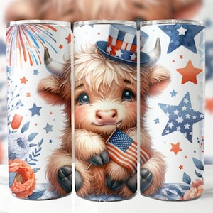 Cute 4th Of July Highland Cow 20 oz Skinny Tumbler Sublimation Design, Highland Cow Tumbler Wrap, Highland Cow PNG, 4th Of July Tumbler Wrap