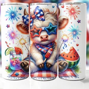 4th Of July Highland Cow 20 oz Skinny Tumbler Sublimation Design, Highland Cow Tumbler Wrap, 4th Of July Tumbler Wrap