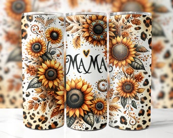 Leopard Print Sunflower Mama 20 oz Skinny Tumbler Sublimation Design, Mama Tumbler Wrap, Mom Tumbler Wrap, Digital Download