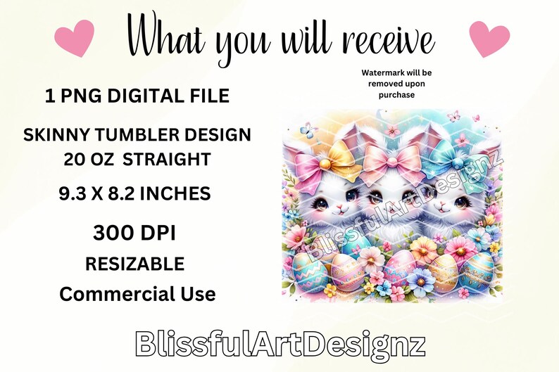 May include: Digital design featuring three white bunnies with pink, yellow, and blue bows, surrounded by pastel-colored Easter eggs and flowers. The design is for a 20 ounce skinny tumbler, measuring 9.3 inches by 8.2 inches, and is 300 DPI. The design is resizable and for commercial use.