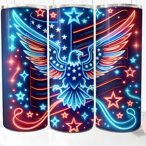 Patriotic Eagle Tumbler Wrap, 20 oz Skinny Tumbler Sublimation Design, Neon USA Flag Design, 4th Of July Tumbler Wrap, Digital Download