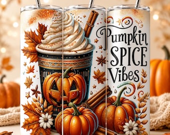 May include: A cylindrical tumbler featuring a graphic of a coffee drink topped with whipped cream, a jack-o'-lantern, orange pumpkins, cinnamon sticks, and autumn leaves. The text Pumpkin SPICE Vibes is printed in black script on the side.