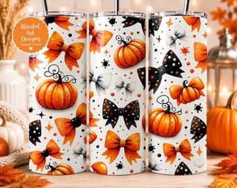 Vaso delgado Coquette de Halloween de 20 oz con diseño de sublimación, envoltura para vaso de Halloween, vaso con lazos y calabazas de Halloween, descarga digital