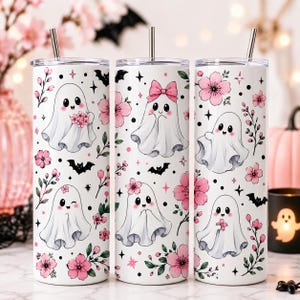 Pink Ghost Tumbler Wrap, Halloween Floral 20oz Skinny Tumbler Sublimation Design, Cute Ghost Cup Wrap, Coquette Halloween PNG