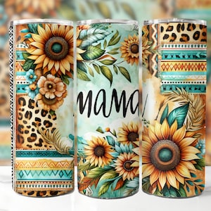 May include: Three stainless steel tumblers with a turquoise, brown, and leopard print design. The tumblers feature sunflowers, leaves, and the word "mama".
