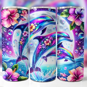May include: Three colourful dolphins swimming in a galaxy-like background with pink and purple flowers. The dolphins are iridescent and have a rainbow effect. The background is a dark blue with white stars and pink and purple flowers.