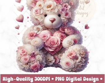 Valentine Rose Teddy PNG, Floral Teddy Bear PNG, Valentine PNG, Cute Valentine Bear Png, Heart Png, Pink Heart Bear Png, Digital Download