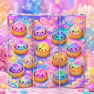 May include: A cylindrical tumbler with a clear straw featuring a repeating pattern of colorful, smiling dumpling characters in bamboo steamers against a vibrant, galaxy-inspired background filled with stars, hearts, and swirling clouds.