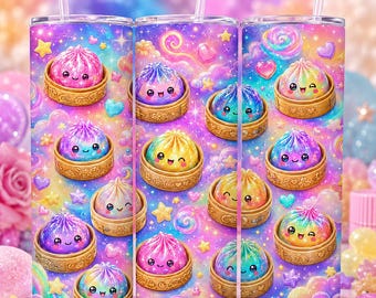 Immagine PNG di un bicchiere termico con motivo di ravioli, design a sublimazione per bicchiere termico skinny Kawaii da 20 once, glitter arcobaleno pastello, ravioli glitterati, download digitale.
