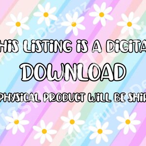 Puede incluir: Un gr&aacute;fico de descarga digital con un fondo de rayas arco&iacute;ris y margaritas blancas. El texto dice "Esta lista es una descarga digital. No se enviar&aacute; ning&uacute;n producto f&iacute;sico."