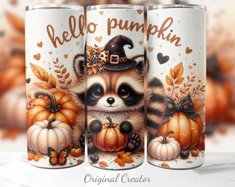 Hello Pumpkin Raccoon Tumbler Wrap PNG, Fall Raccoon 20oz Skinny Tumbler Sublimation Design, Cute Autumn Pumpkin Digital Download