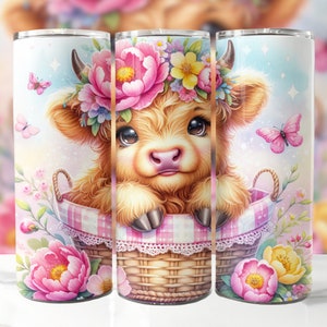 Highland Cow Spring 20 oz Skinny Tumbler Sublimation Design, Highland Cow Tumbler Wrap, Spring Tumbler Wrap, Instant Digital Download