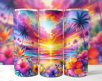 Beach Sunset 20 oz Skinny Tumbler Sublimation Design, Beach Tumbler Wrap, Ocean Tumbler Wrap, Ocean Sunset Tumbler PNG, Digital Download