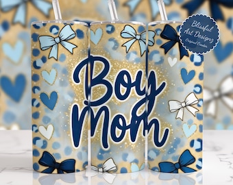 Boy Mom Tumbler Wrap, Blue Bow Leopard Gold Glitter 20oz Skinny Tumbler Sublimation Design, Instant Download