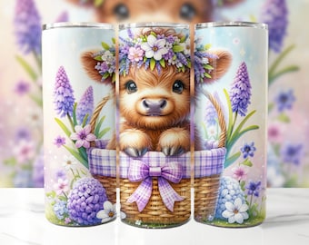 Highland Cow Tumbler Wrap PNG, 20 oz Skinny Tumbler Sublimation Design, Spring Tumbler Wrap, Instant Download