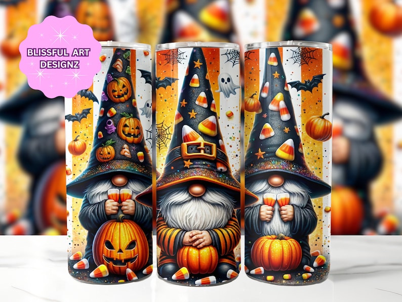 May include: Halloween-themed tumbler featuring a gnome wearing a black witch hat adorned with candy corn and a pumpkin. The gnome holds a pumpkin and candy corn. The background has orange and white stripes, bats, and ghosts. The text "Blissful Art Designz" is in the upper left corner.