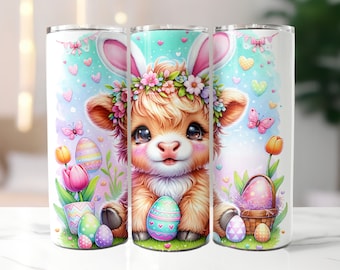 Easter Highland Cow 20 oz Skinny Tumbler Sublimation Design, Highland Cow Tumbler Wrap, Easter Tumbler Wrap, Easter PNG, Digital Download