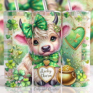 May include: A set of three stainless steel tumblers with a St. Patrick's Day theme. Each tumbler features a cute cartoon cow with a green bow, shamrocks, and the words "Lucky Charm". The tumblers have a green and white plaid background and a gold pot of gold.