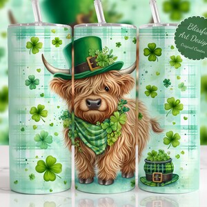 St Patricks Day Shamrock Highland Cow Tumbler Wrap, 20 oz Skinny Tumbler Sublimation Design, Highland Cow Tumbler Wrap, Digital Download