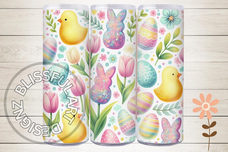 May include: Three 20 oz skinny tumblers with a white background and a colorful Easter pattern. The pattern includes pastel pink, blue, yellow, and green eggs, chicks, bunnies, and flowers.