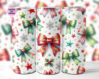 May include: Three white stainless steel tumblers with a festive Christmas design. The design features red and green bows, stars, and snowflakes. The tumblers are decorated with a watercolor style pattern.