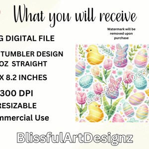 May include: A digital design featuring a colorful Easter pattern with pastel colored eggs, chicks, and flowers. The design is for a 20 ounce skinny tumbler, measuring 9.3 inches by 8.2 inches. The design is 300 DPI and resizable for commercial use.