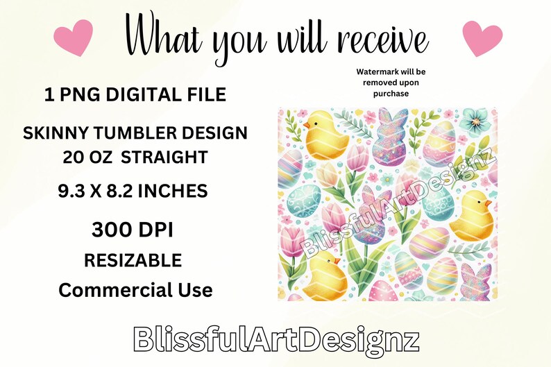 May include: A digital design featuring a colorful Easter pattern with pastel colored eggs, chicks, and flowers. The design is for a 20 ounce skinny tumbler, measuring 9.3 inches by 8.2 inches. The design is 300 DPI and resizable for commercial use.
