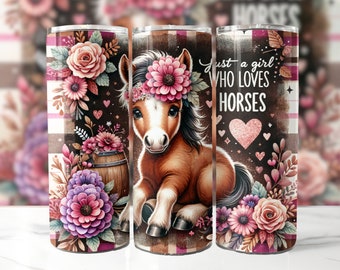 May include: A brown and white horse with a pink flower crown sits on a brown and pink plaid background with pink flowers. The text "Just a girl who loves horses" is written in white on a brown background with a pink glitter heart.