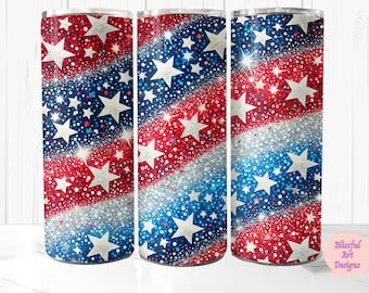 4th of July Tumbler Wrap, Patriotic Glitter American Flag 20oz Skinny Tumbler Sublimation Design, Red White Blue Stars PNG, Digital Download