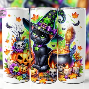 かわいいハロウィン猫タンブラーラップ、20 オンス スキニータンブラー昇華デザイン、ハロウィンタンブラーラップ、黒猫昇華デザイン PNG