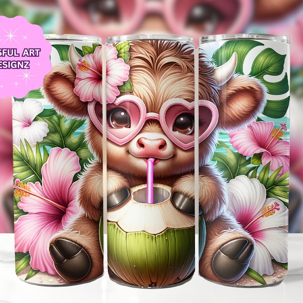 Summer Highland Cow Coconut 20 oz Skinny Tumbler Sublimation Design, Highland Cow Tumbler Wrap, Cow Tumbler Wrap, Digital Download
