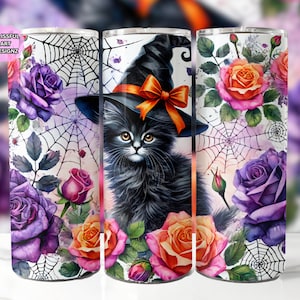Envoltura de vaso de gato de Halloween con rosas, diseño de sublimación de vaso delgado de 20 oz, envoltura de vaso de Halloween, vaso de gato de Halloween PNG