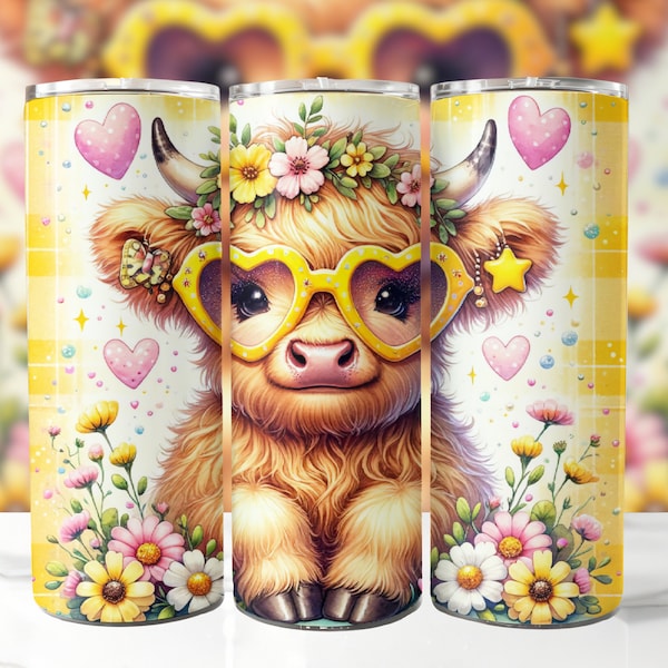 Highland Cow Yellow Heart Sunglasses 20 oz Skinny Tumbler Sublimation Design, Highland Cow Tumbler Wrap, Highland Cow PNG, Digital Download