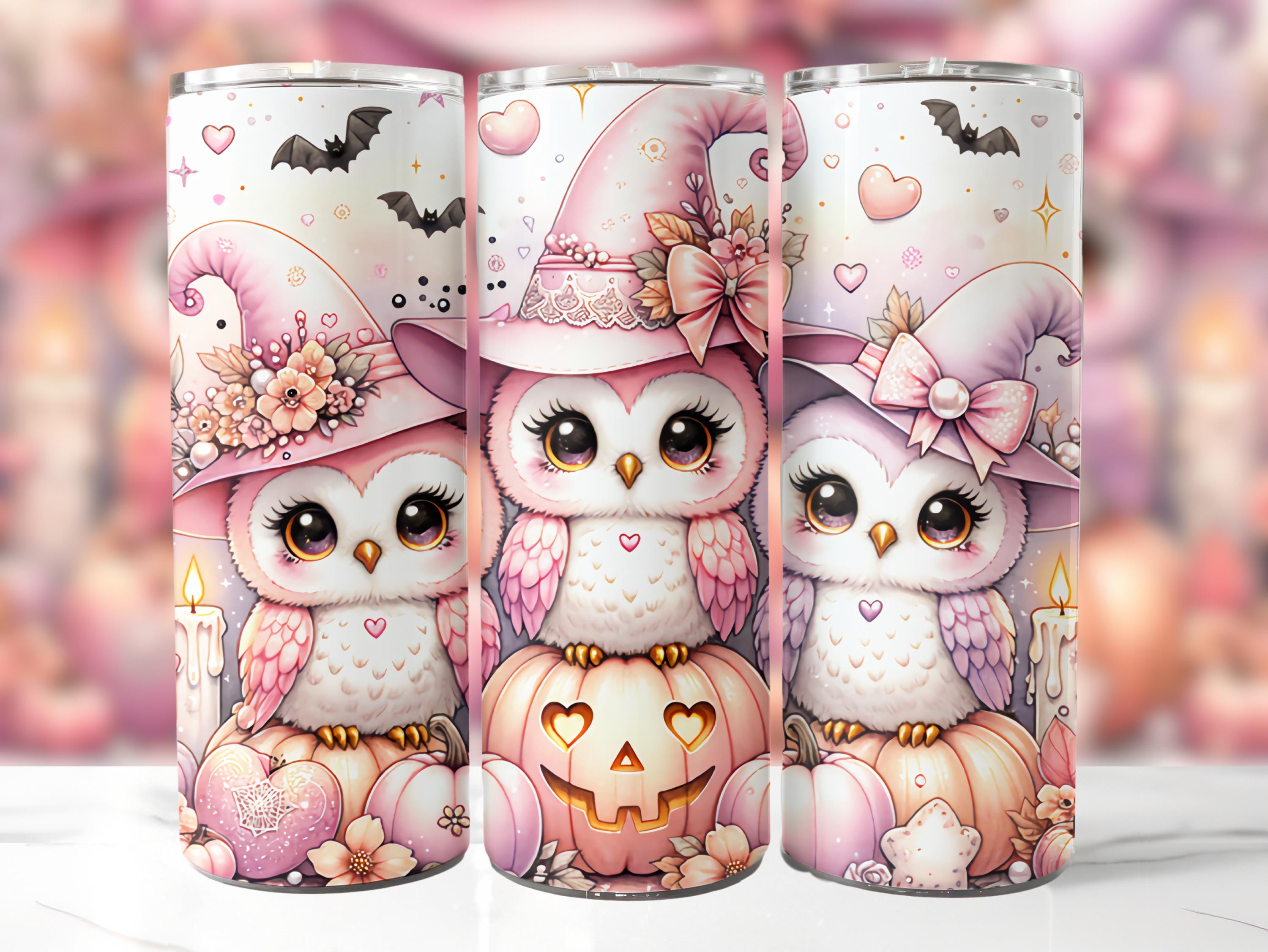 Pastel Owl Witch Tumbler Wrap PNG | Halloween Tumbler Wrap | Cute Halloween Pink Pumpkins PNG | 20oz