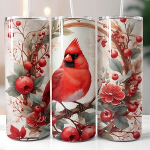 Roter Kardinalvogel mit Beeren 20 Unzen Skinny Tumbler Sublimationsdesign, sofortiger digitaler Download PNG, gerader Tumbler Wrap, kommerzielle Nutzung