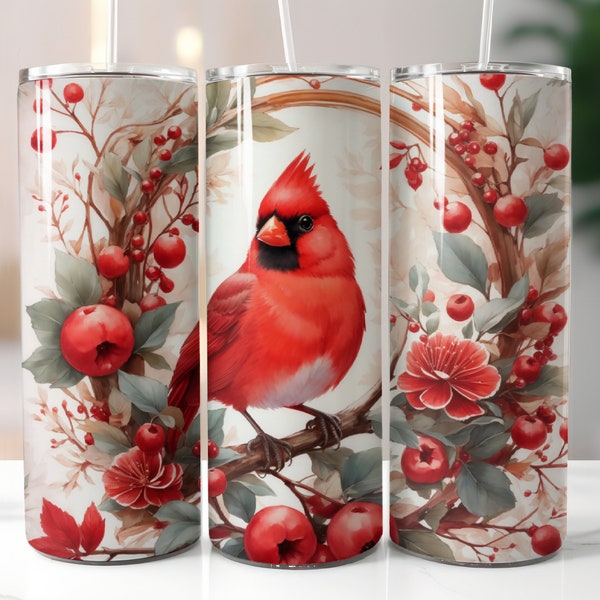 Red Cardinal Bird With Berries 20 oz Skinny Tumbler Sublimation Design, Instant Digital Download PNG, Straight Tumbler Wrap, Commercial Use