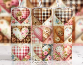 Valentine Tumbler Wrap, 20oz Skinny Tumbler Sublimation Design, Plaid Patchwork Hearts Tumbler Wrap Png Design, Digital Download