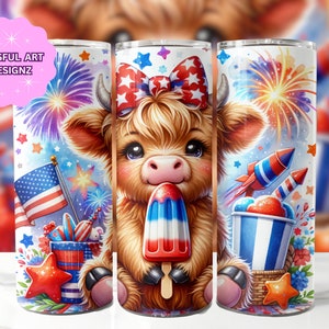 4th Of July Highland Cow Popsicle 20 oz Skinny Tumbler Sublimation Design, Highland Cow Tumbler Wrap, 4th Of July Tumbler Wrap