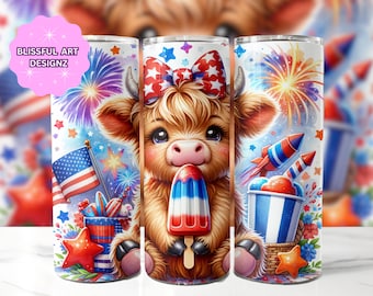 4th Of July Highland Cow Popsicle 20 oz Skinny Tumbler Sublimation Design, Highland Cow Tumbler Wrap, 4th Of July Tumbler Wrap