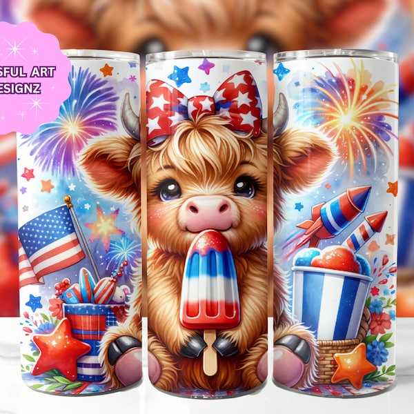 4th Of July Highland Cow Popsicle 20 oz Skinny Tumbler Sublimation Design, Highland Cow Tumbler Wrap, 4th Of July Tumbler Wrap