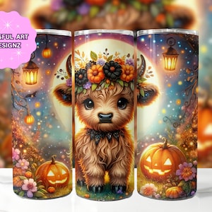 Cute Halloween Highland Cow 20 oz Skinny Tumbler Sublimation Design, Highland Cow Tumbler Wrap, Halloween Tumbler Wrap, Digital Download