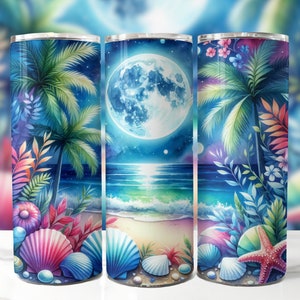 Moonlit Beach 20 oz Skinny Tumbler Sublimation Design, Beach Tumbler Wrap, Ocean Tumbler Wrap, Tropical Tumbler Wrap, Digital Download