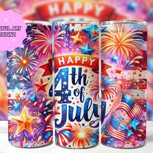 Happy 4th Of July 20 oz Skinny Tumbler Sublimation Design, Red White Blue Fireworks Sublimation Design, 4th Of July PNG, Digital Download