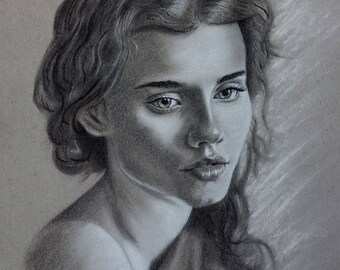 Original one off charcoal and white pastel female portrait, signed. Quality grey toned paper.