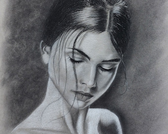 Original one off charcoal and white pastel female portrait, signed on quality grey toned paper