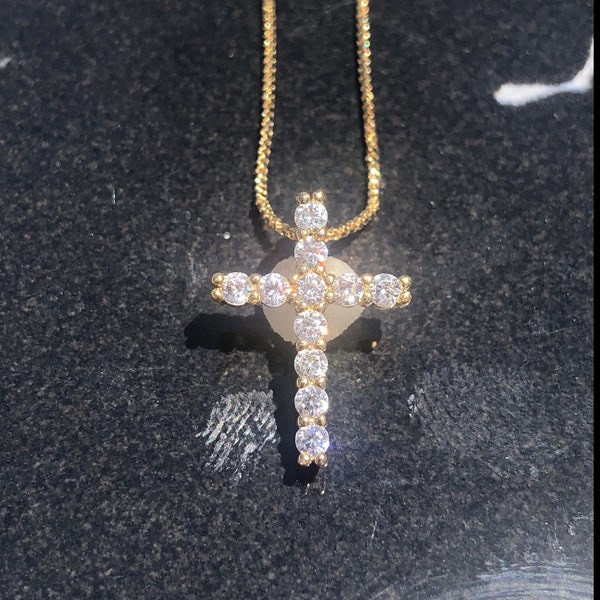 Petite Cross Pendant 18k Gold Plated with CZ Gemstones Necklace .5" height Small Women's Cross Dainty