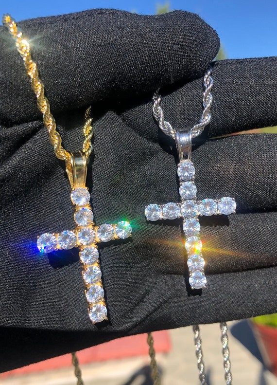 Iced Out Cross Pendant 1.5 Height 14k Gold Plated - Etsy