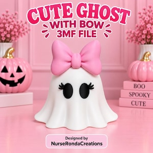May include: A white ghost figurine featuring a large pink bow on top and black oval eyes with eyelashes. The text CUTE GHOST WITH BOW 3MF FILE is displayed above, and the text Designed by NurseRondaCreations is displayed below the figurine.