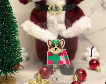Puppy Present Badge Reel, Christmas Badge Reel, Cute Puppy, Christmas Gift, Glitter Badge Reel